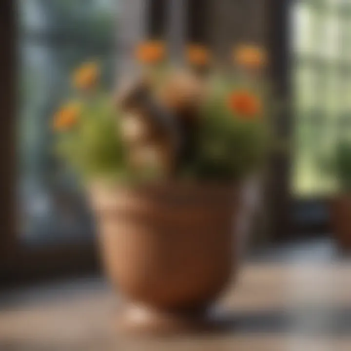 A squirrel-proof flower pot with spikes on top to deter pests