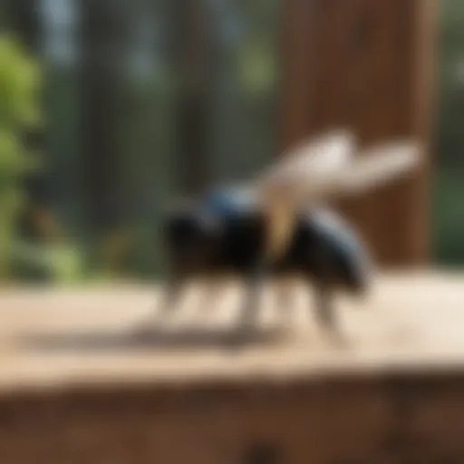 Carpenter bee hovering near a wooden surface