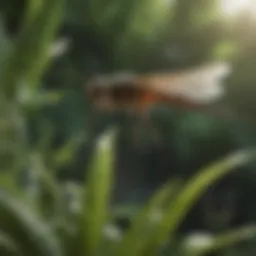 Close-up view of gnats hovering over a garden plant