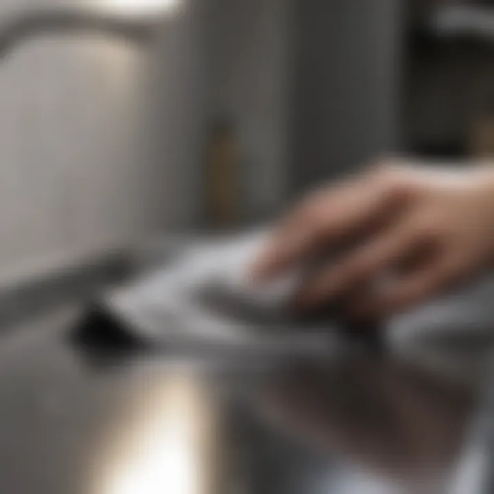 A close-up of a cloth wiping a stainless steel surface