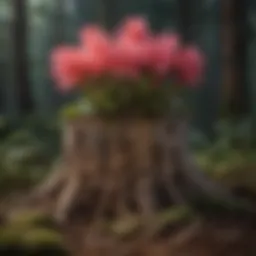 A close-up of a rhododendron stump ready for removal