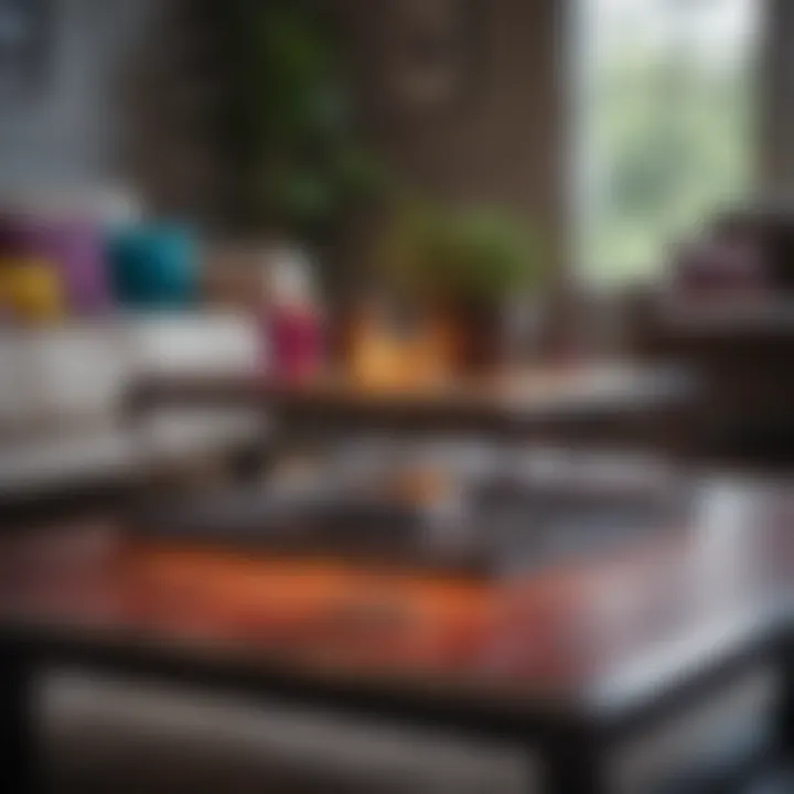 A vibrant coffee table featuring colorful decor items and textures