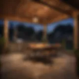 Ambient lighting illuminating a cozy covered patio at dusk