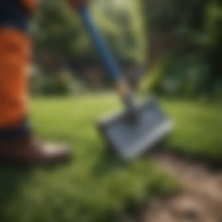 Manual removal of grass using a garden hoe