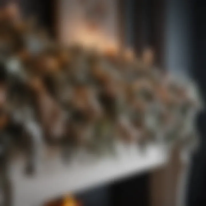 Close-up of a textured fabric garland draped over a mantelpiece