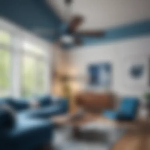 A stylish blue ceiling fan in a modern living room