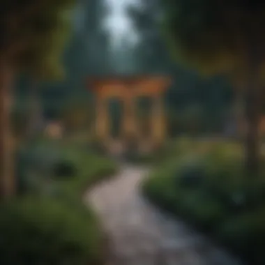A beautifully designed garden featuring various evergreen trees