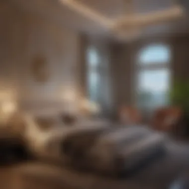 Luxurious Bedroom Ambiance A luxurious bedroom illuminated with ambient lighting and stylish decor.