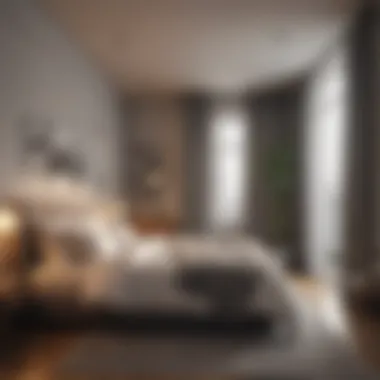 Compact Bedroom Layout An organized bedroom layout showcasing effective space utilization in a compact area.