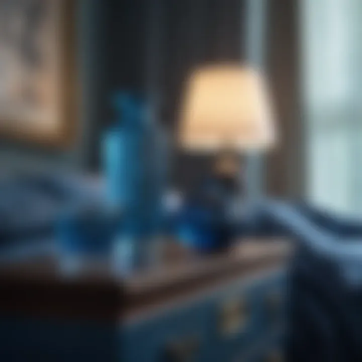 Elegant accessories complementing a blue-themed bedroom.
