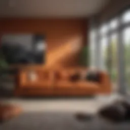 Luxurious burnt orange leather sofa in a modern living room
