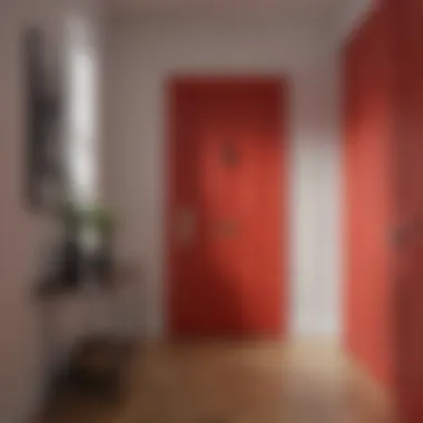 A bold red door that adds warmth to a minimalist hallway