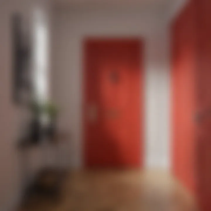 A bold red door that adds warmth to a minimalist hallway