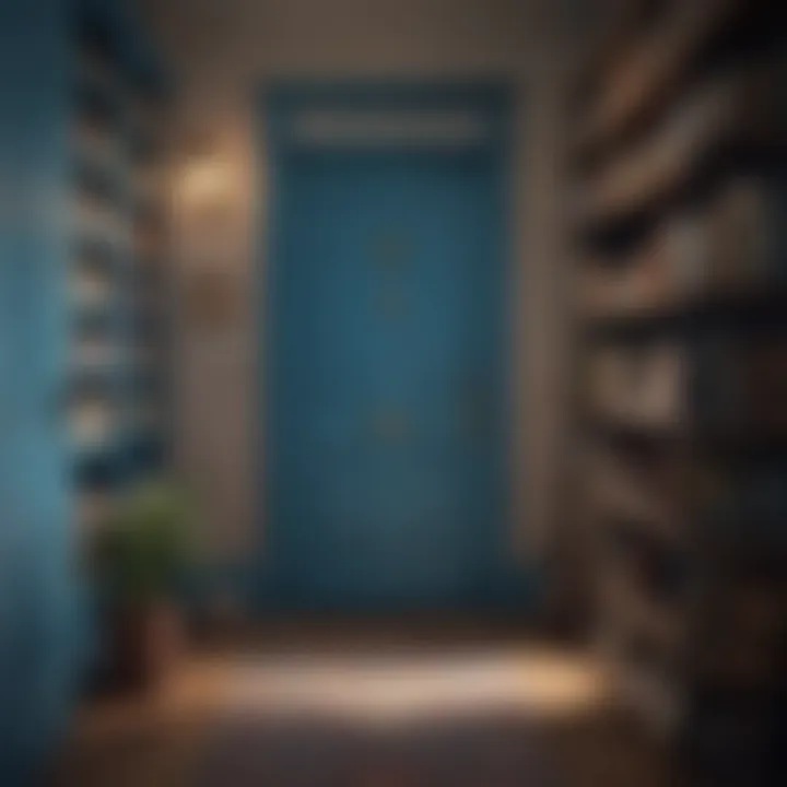 A serene blue door in a cozy reading nook surrounded by books
