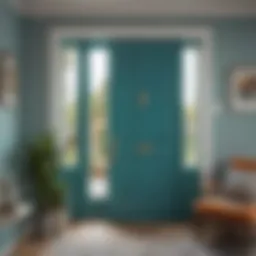 A vibrant teal door in a modern living room setting