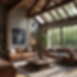 A modern living room featuring rustic wooden beams and contemporary furnishings.