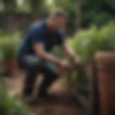 Gardener performing maintenance on deep vegetable planters, addressing common issues.