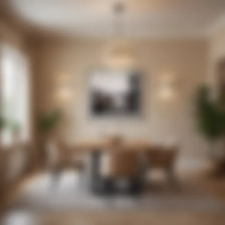 A minimalist dining room showcasing neutral beige walls with stylish decor