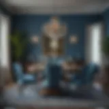 A serene dining room featuring soft blue walls and elegant decor