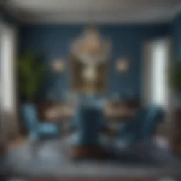 A serene dining room featuring soft blue walls and elegant decor