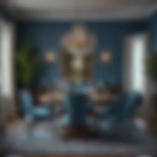 A serene dining room featuring soft blue walls and elegant decor