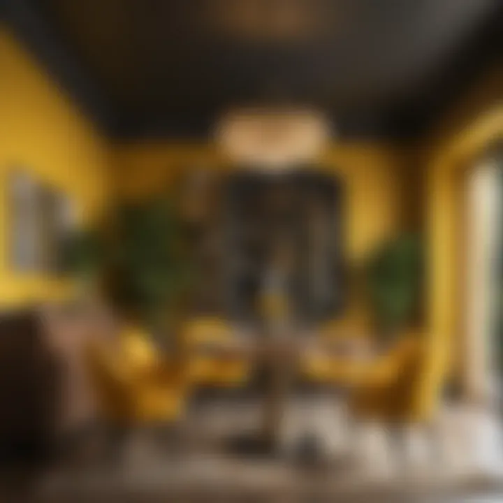 A vibrant dining area adorned with bold yellow walls and contemporary furnishings