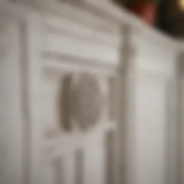 Close-up of the distressed finish on kitchen cabinets