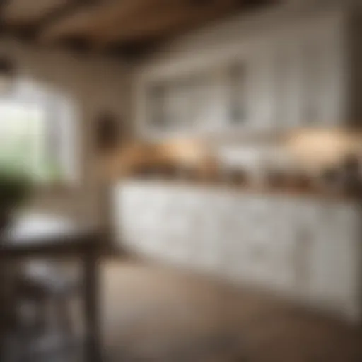 Elegant farmhouse kitchen showcasing distressed white cabinets