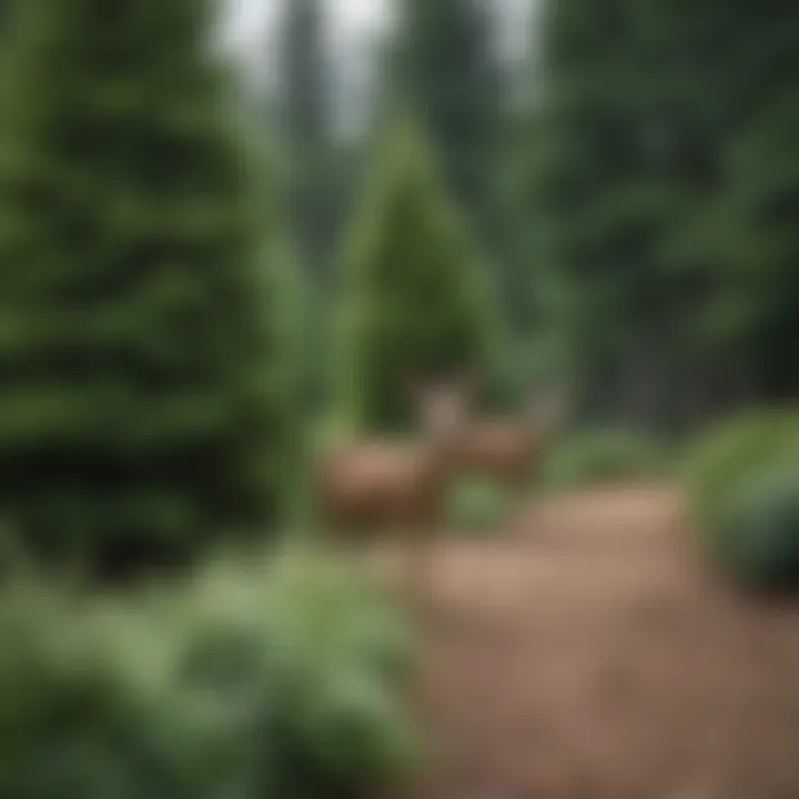 Diverse varieties of deer-resistant evergreen trees displayed in a garden