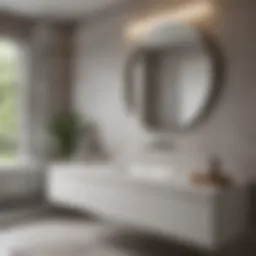 A modern bathroom featuring minimalist decor with neutral colors and natural light.