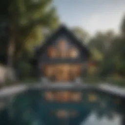 Stylish pool house exterior blending with nature