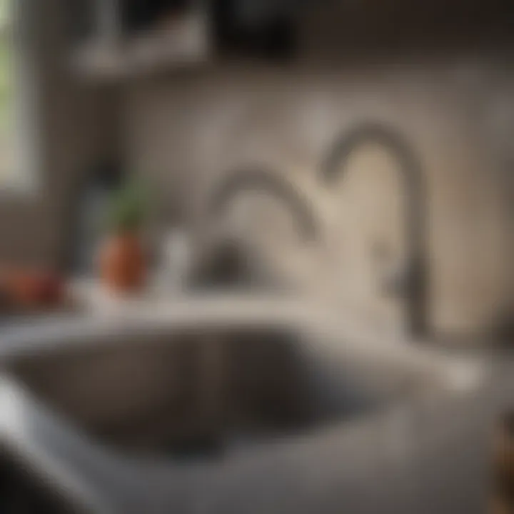 A well-maintained kitchen sink with polished tiles and accessories