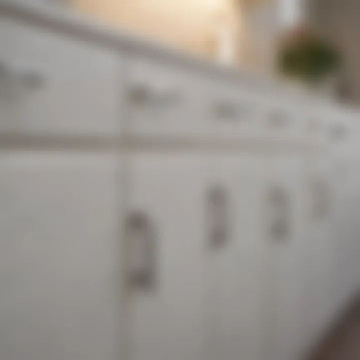 Close-up of white cabinet finishes, illustrating various shades and undertones under different lighting