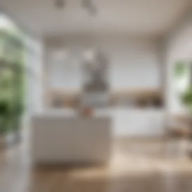 A serene living space featuring white cabinets that blend harmoniously with natural light