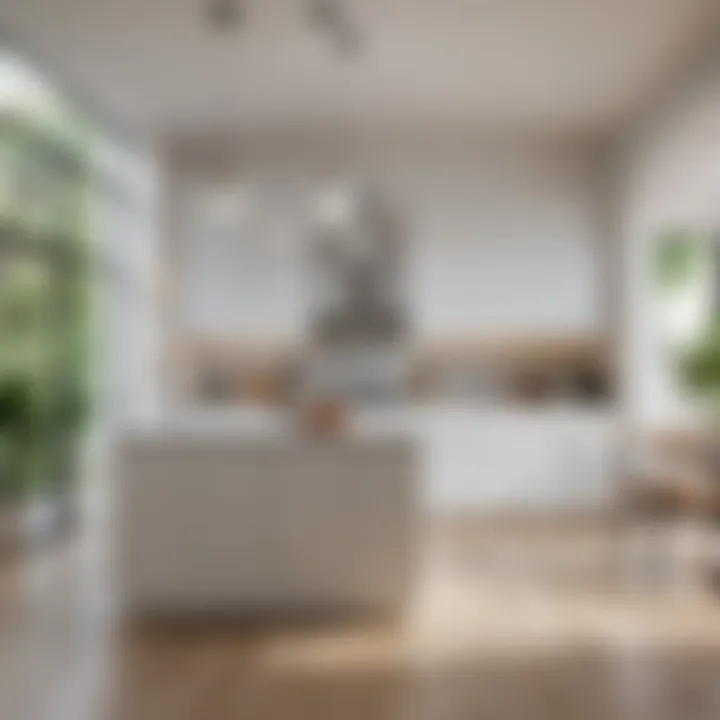 A serene living space featuring white cabinets that blend harmoniously with natural light