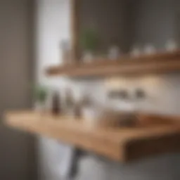 Elegant wooden restroom shelf with decorative items