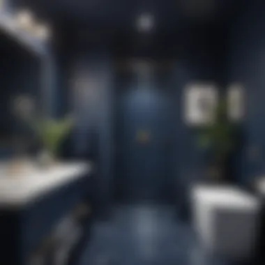 Sophisticated Navy Blue Bathroom Deep navy blue bathroom complemented with elegant fixtures, exuding sophistication.