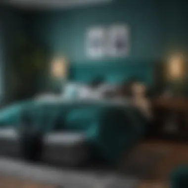 A stylish bedroom adorned with teal green accents and decor