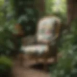 Elegant floral chair surrounded by lush greenery