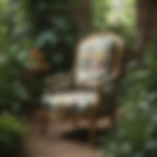 Elegant floral chair surrounded by lush greenery
