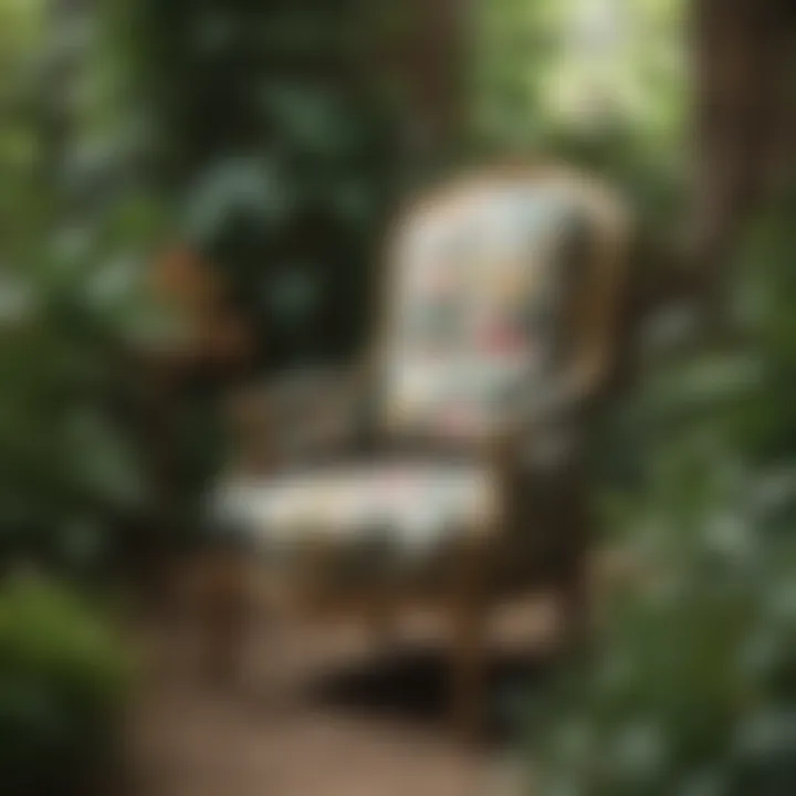 Elegant floral chair surrounded by lush greenery