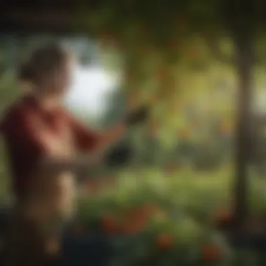 A gardener examining cherry tomato plants with healthy foliage