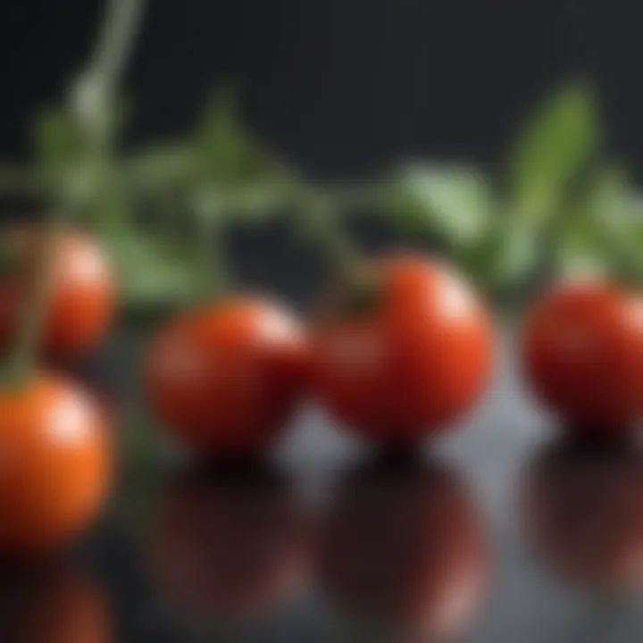 Close-up of a ripe cherry tomato on the vine showcasing its rich color