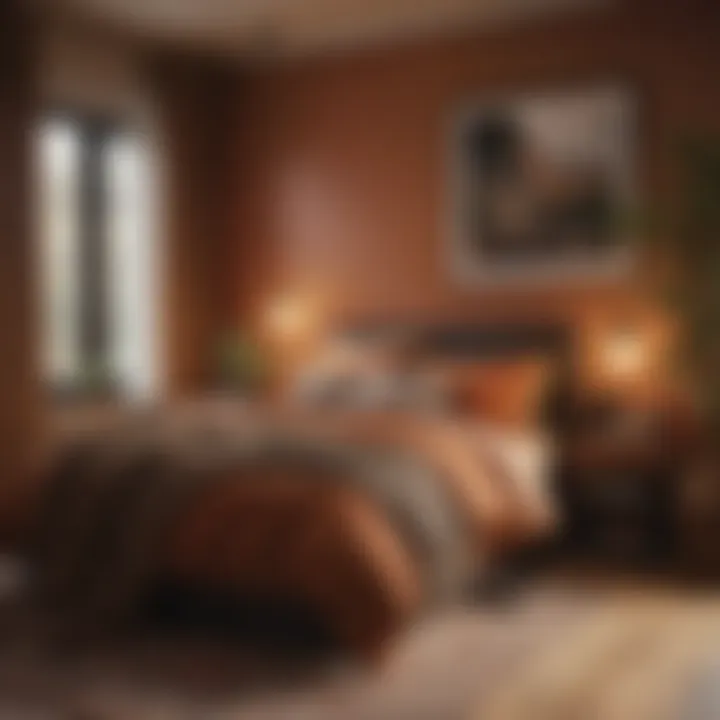 An elegant bedroom showcasing warm, earthy tones