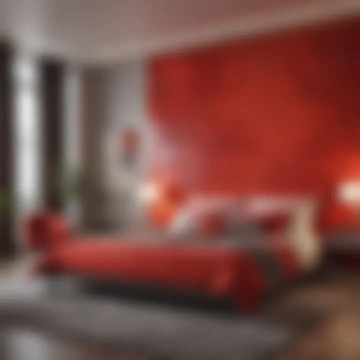 A modern bedroom with a bold accent wall in vibrant red