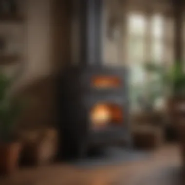 A vintage wood-burning stove as a focal point in a cozy den
