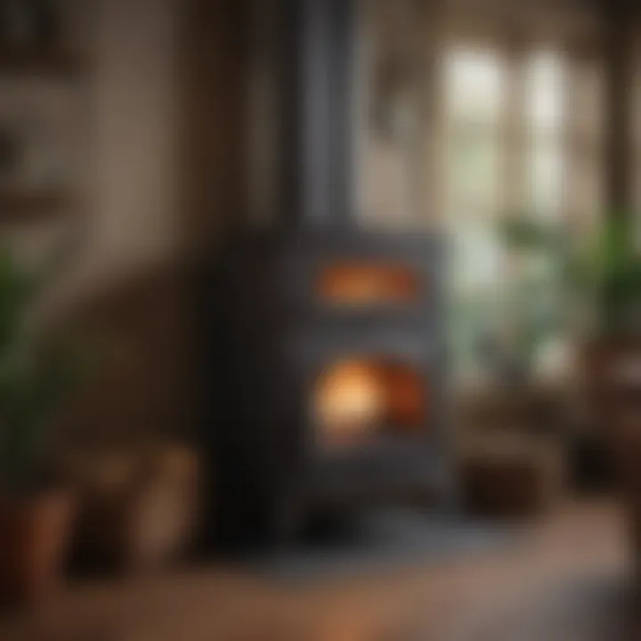 A vintage wood-burning stove as a focal point in a cozy den
