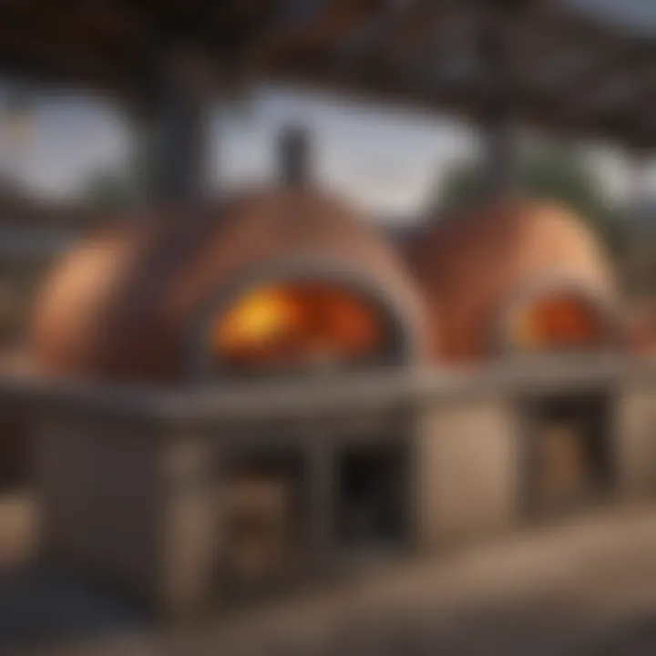 Various types of pizza ovens displayed in a market setting.