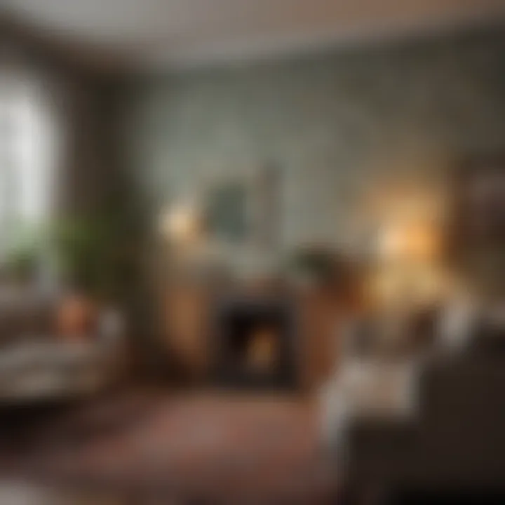 A cozy interior featuring wallpaper that enhances the ambiance of the room