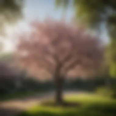 A serene landscape featuring a weeping cherry blossom tree in a garden setting